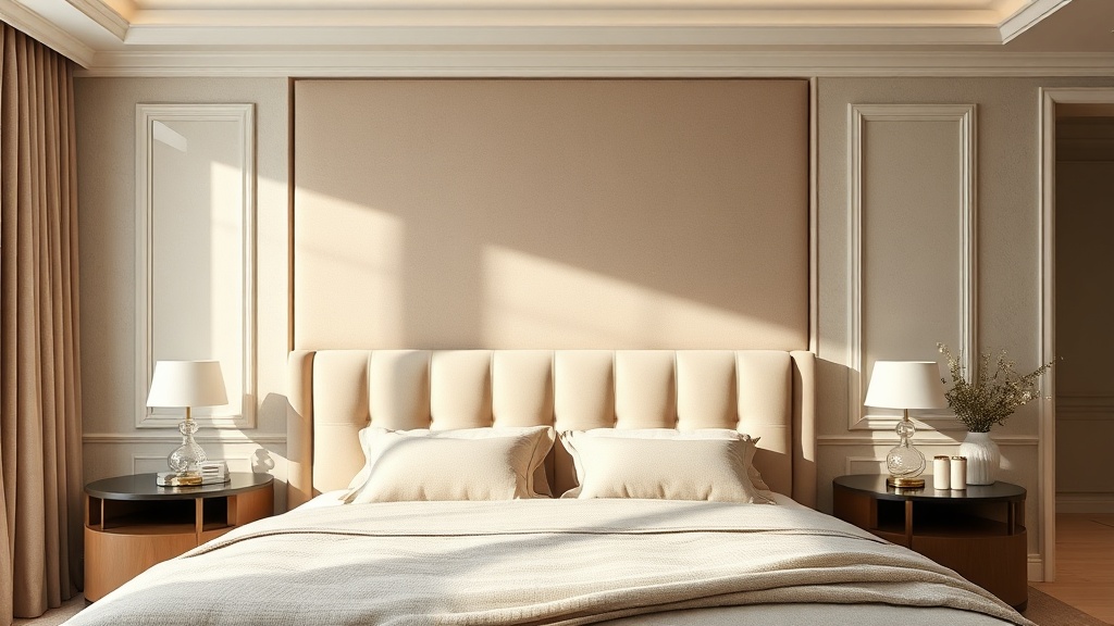 부드러운 베이지색 패브릭 소재로 감싸진 푹신한 헤드보드의 침대 프레임