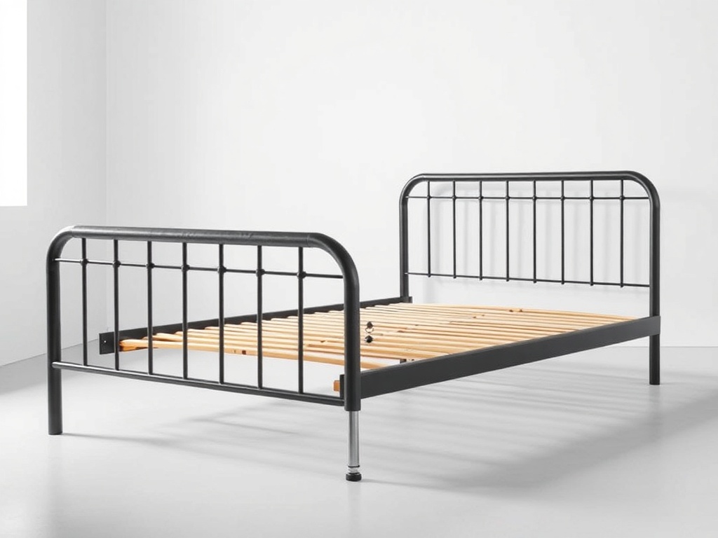 검은색 무광 도장으로 마감된 심플한 디자인의 철제 침대 프레임