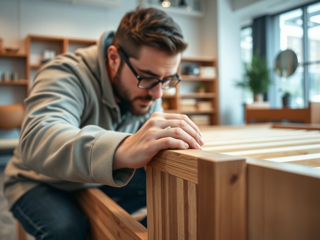 소비자가 가구 매장에서 침대 프레임의 모서리 마감과 이음새 상태를 손으로 만지며 꼼꼼히 확인하는 모습