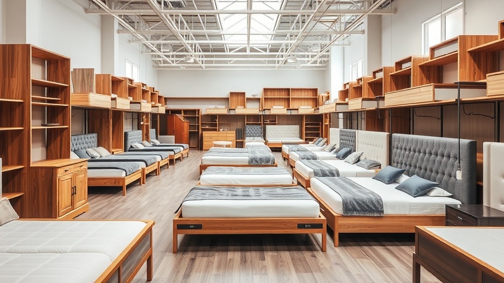 다양한 재질의 침대 프레임이 전시된 밝은 조명의 가구 매장 전경