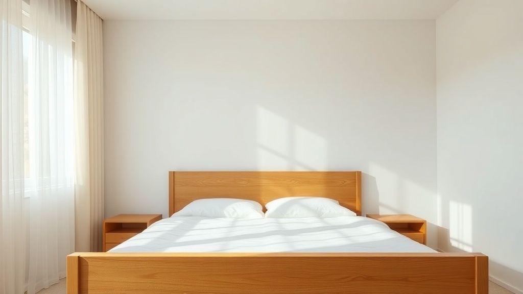 미니멀한 인테리어의 침실에 배치된 자연스러운 나뭇결이 살아있는 원목 침대 프레임의 모습