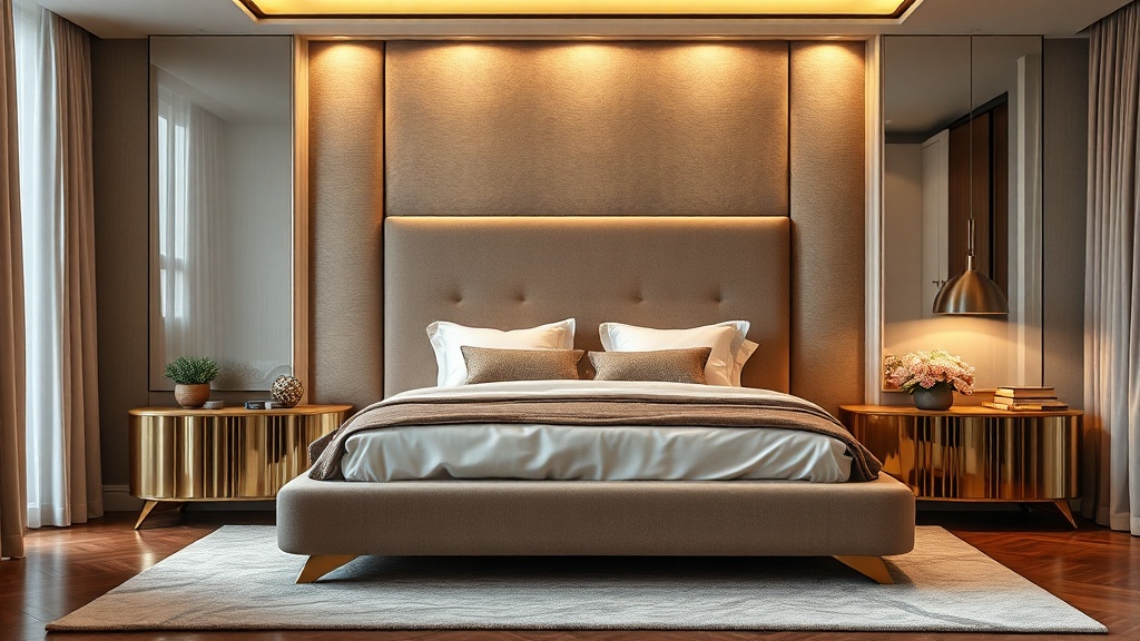 부드러운 질감의 패브릭 침대 프레임이 배치된 아늑한 침실 인테리어 전경